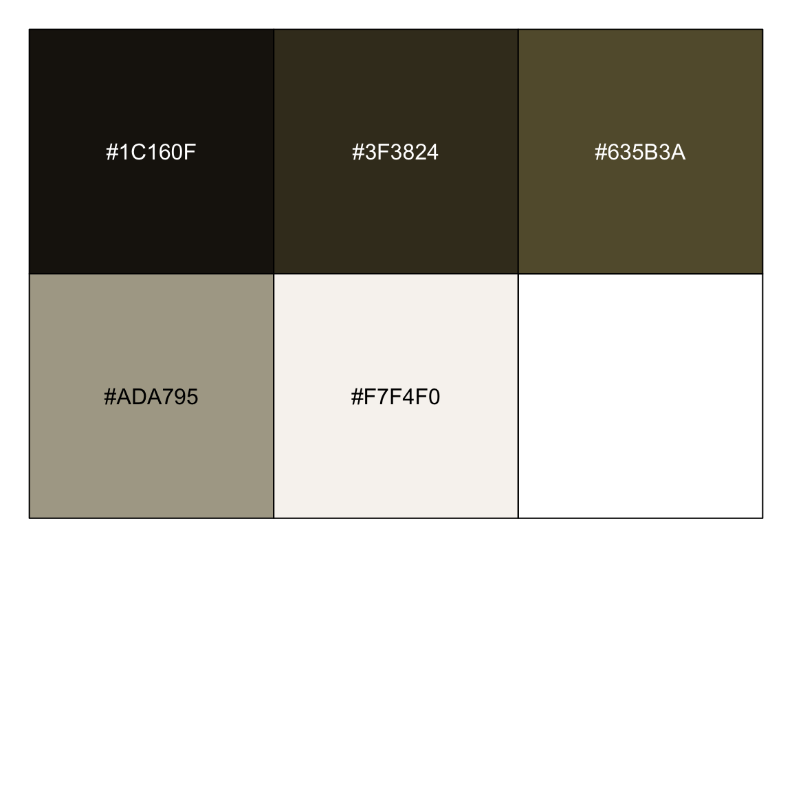 The five colors of the TTPD color palette. The hexadecimal codes are #1C160F, #3F3824, #635B3A, #ADA795, and #F7F4F0